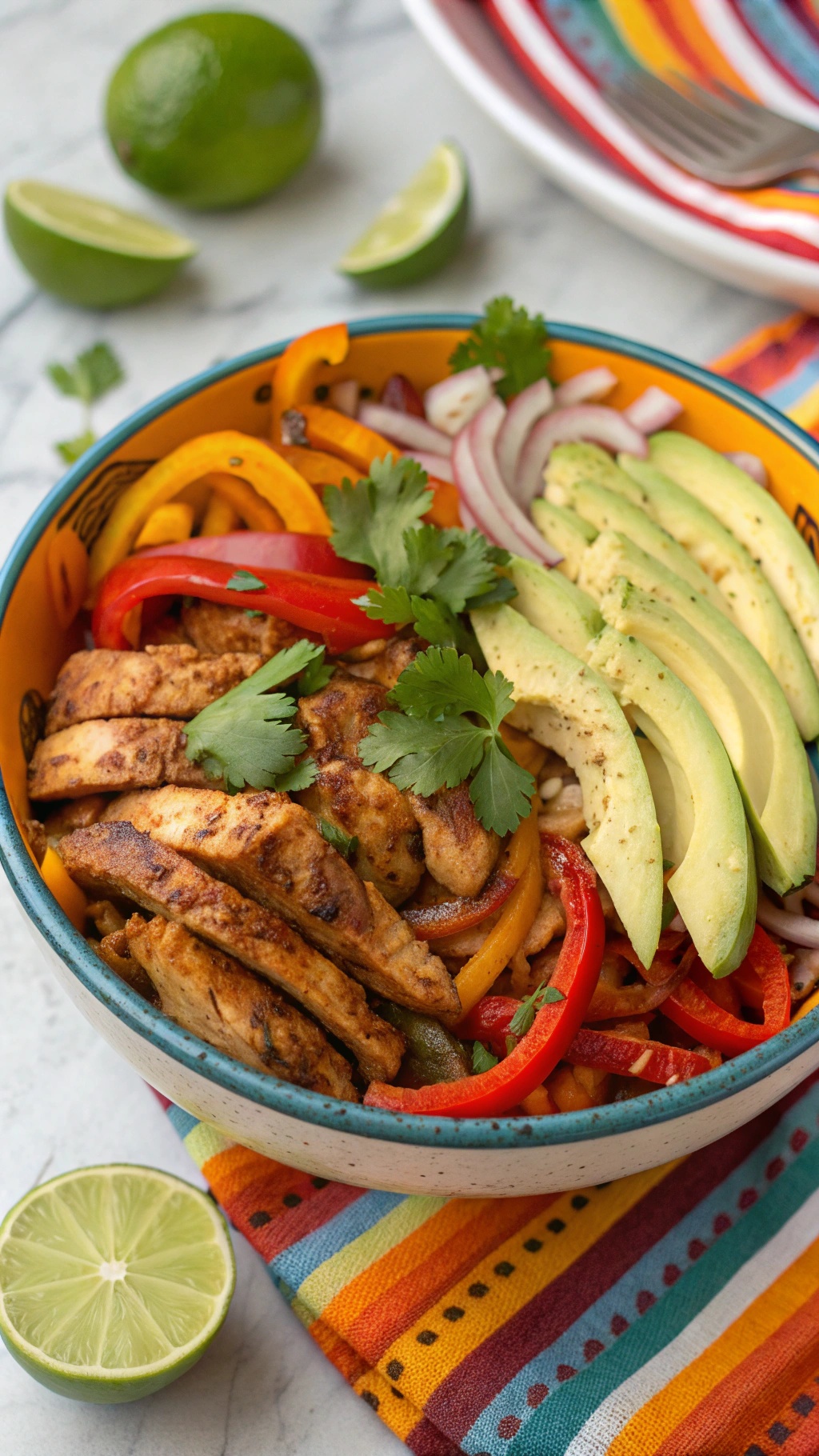A colorful bowl of chicken fajita ingredients including grilled chicken, bell peppers, onions, avocado, and lime.