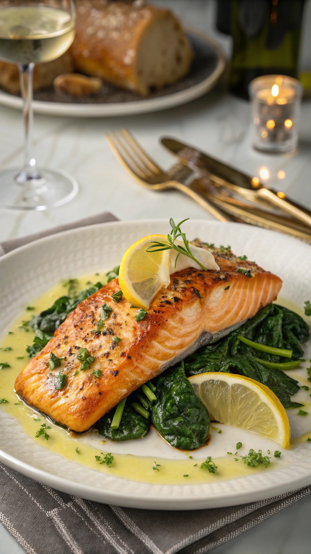 A beautifully plated dish of garlic butter salmon on a bed of spinach, garnished with lemon slices.