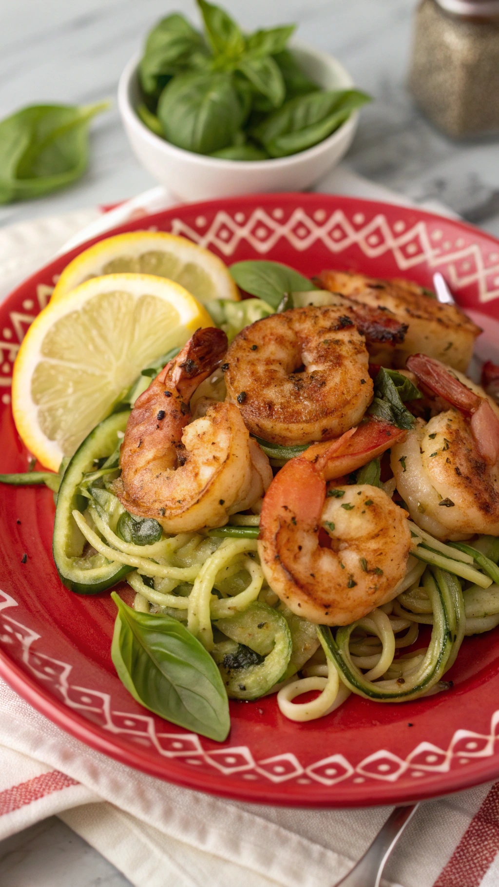 A plate of sizzling garlic shrimp served over zucchini noodles, garnished with lemon slices and fresh basil.