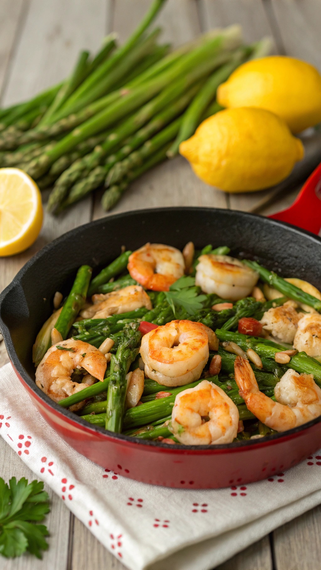 A skillet filled with shrimp and asparagus, garnished with parsley and lemon, on a wooden table.