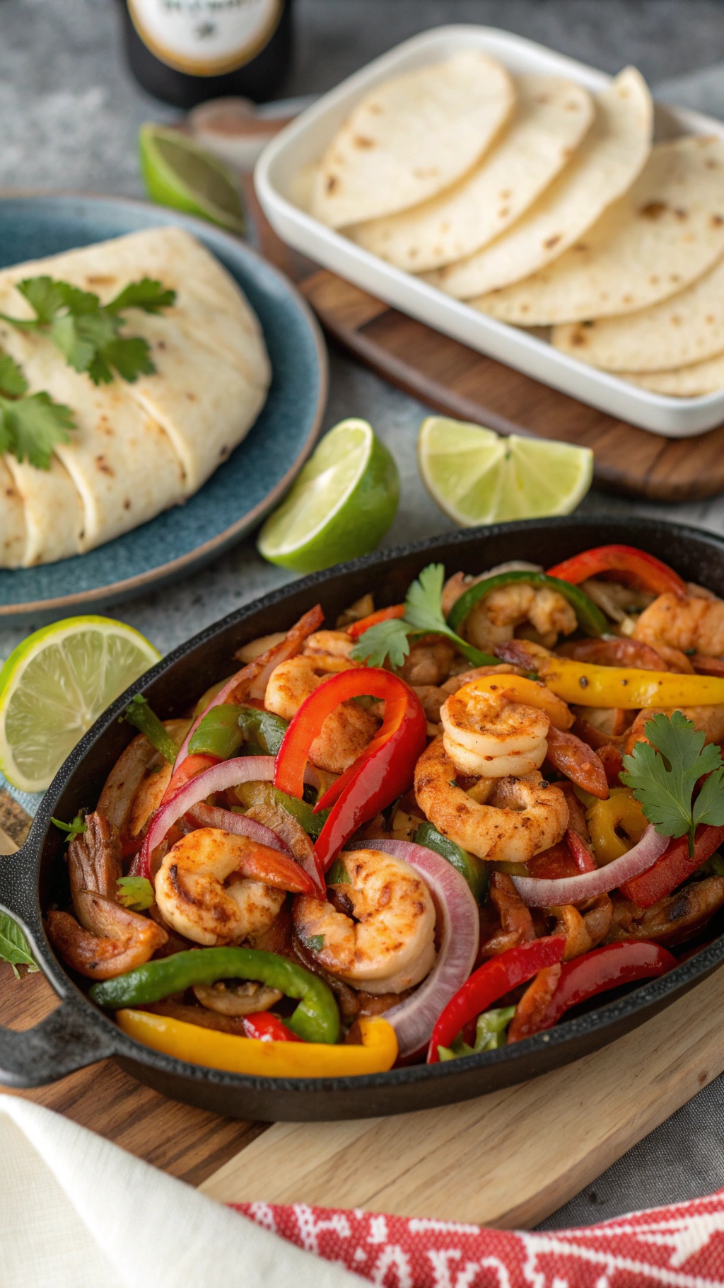 A plate of sizzling shrimp fajitas with colorful bell peppers and onions, served with tortillas and lime wedges.