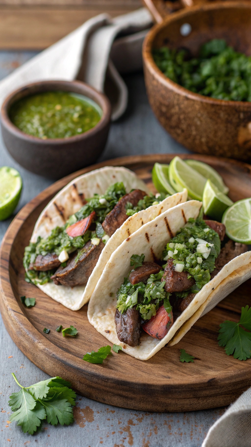 Sizzling steak tacos with chimichurri sauce on a wooden plate, garnished with lime wedges and cilantro.