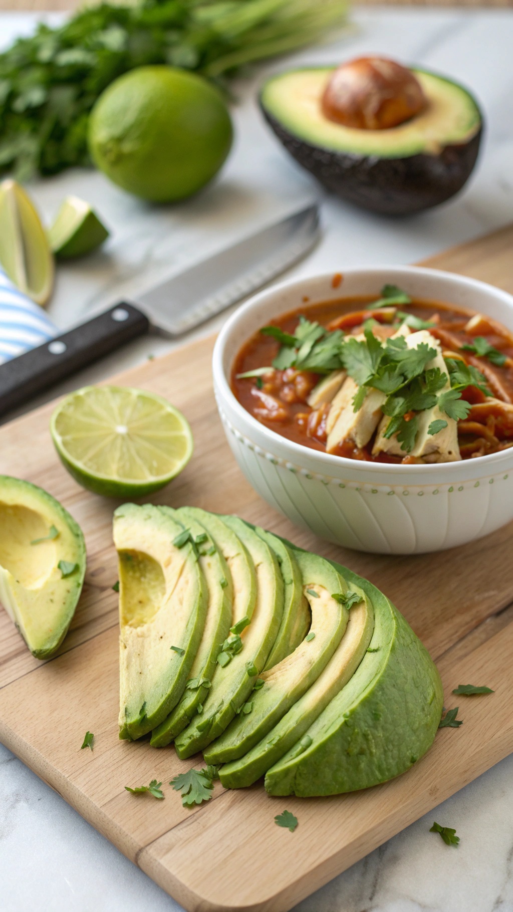 Sliced avocado next to a bowl of chicken tortilla soup, garnished with cilantro and lime.