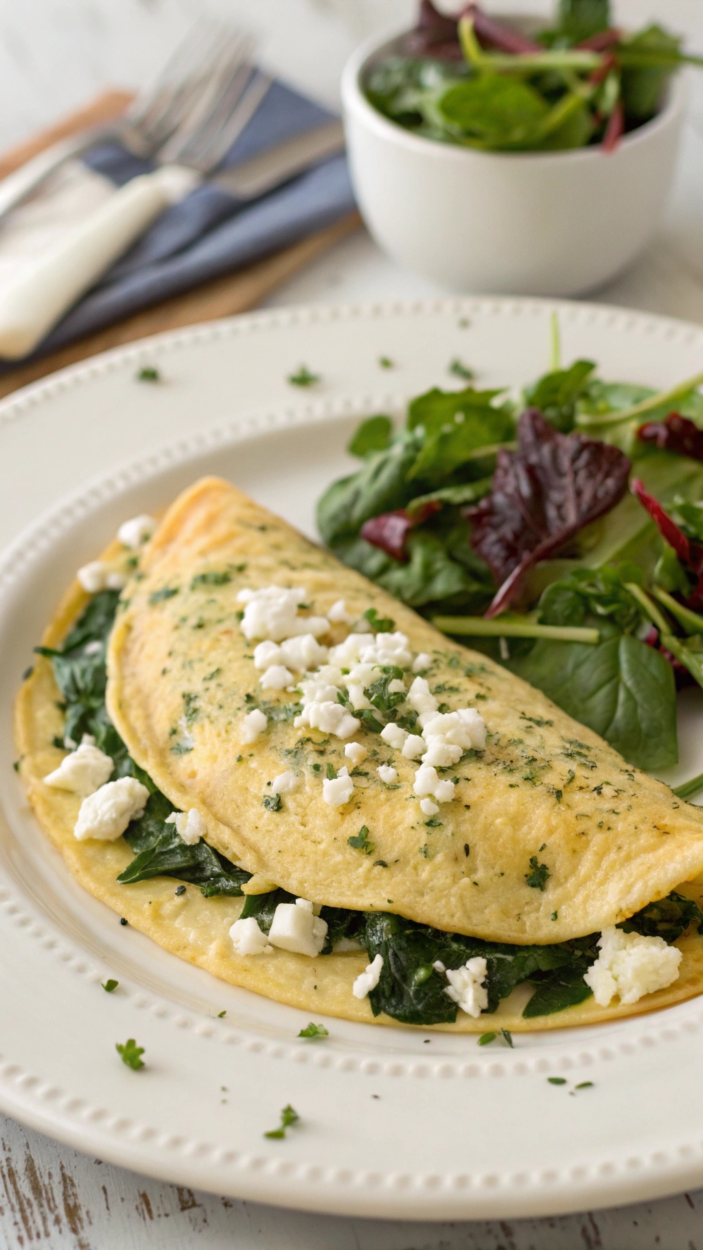 A delicious spinach and feta omelette served with a fresh salad on the side.