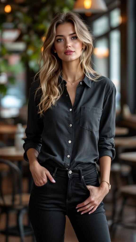 A man wearing a light button-up shirt and black jeans, standing in a stylish cafe.