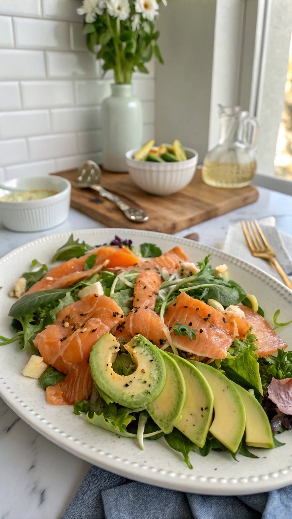 A colorful smoked salmon salad with avocado, greens, and cherry tomatoes on a plate.