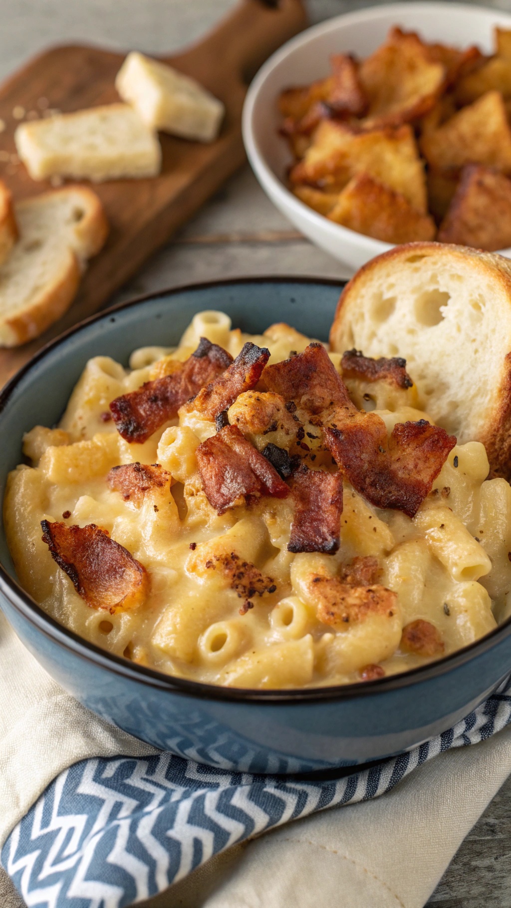 A bowl of smoky bacon mac and cheese topped with crispy bacon bits, served with a slice of bread on the side.