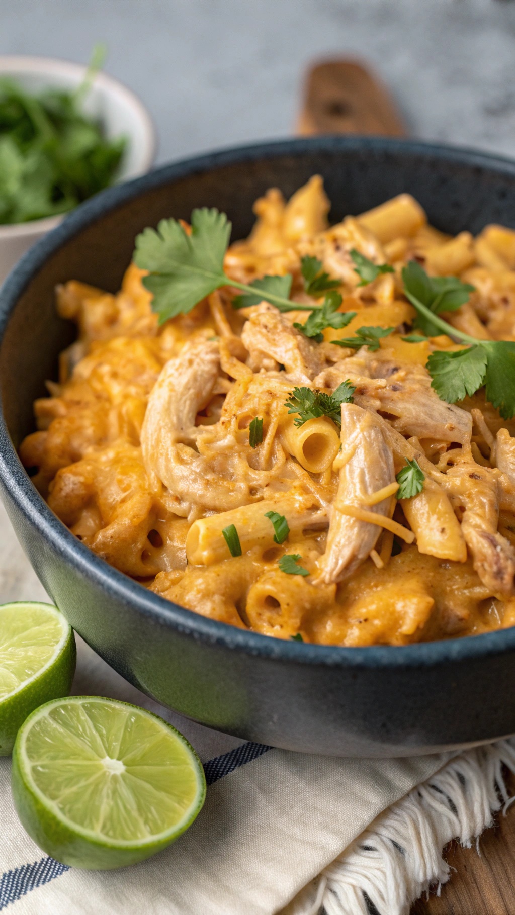 A bowl of Smoky Chipotle Keto Mac with Chicken, garnished with cilantro and lime wedges.