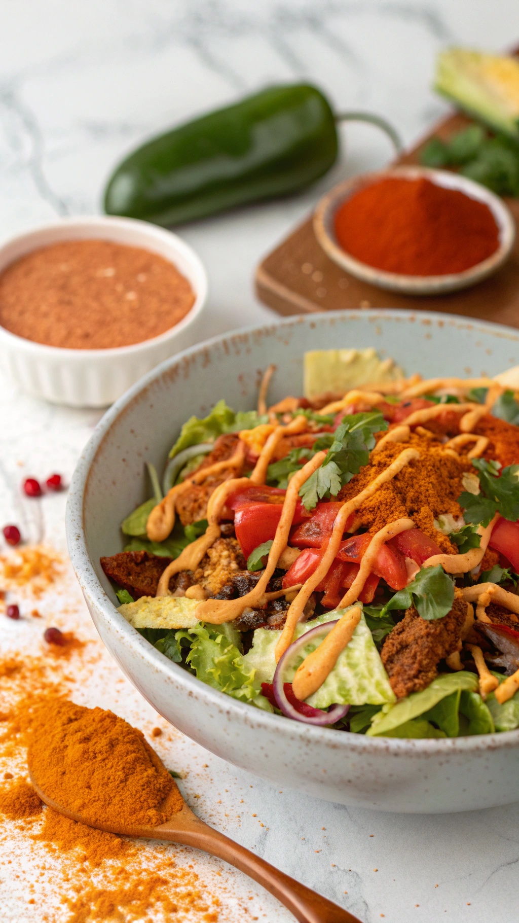 A vibrant taco salad with smoky paprika dressing, fresh vegetables, and spices.