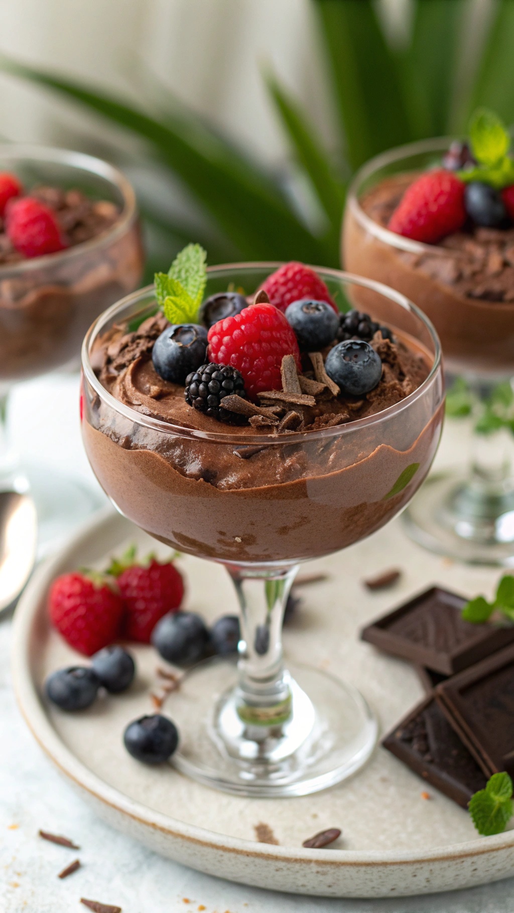 A delicious avocado chocolate mousse topped with fresh berries and chocolate shavings in elegant glasses.