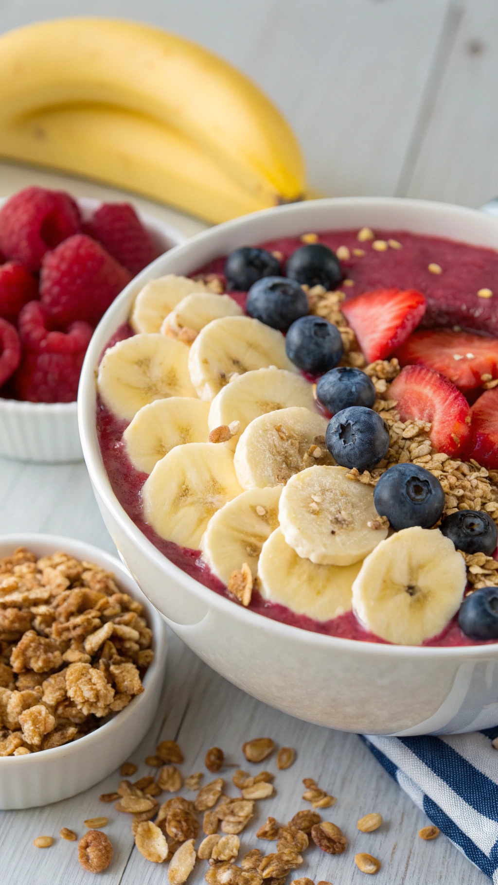 A smoothie bowl topped with banana slices, berries, and granola, with bananas in the background.