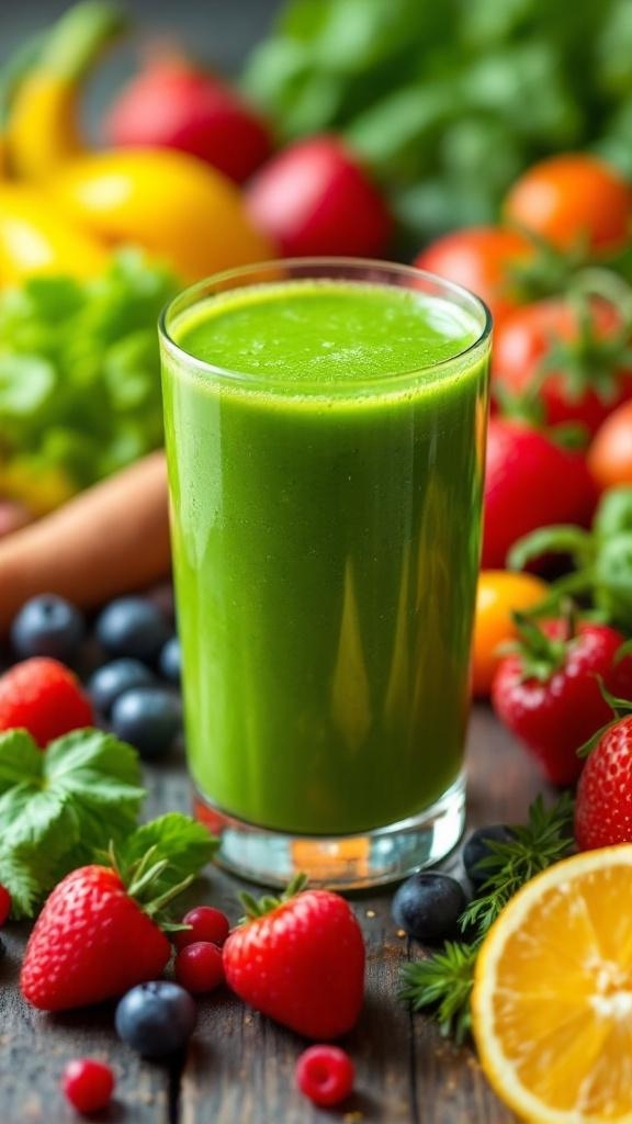 A green smoothie in a glass surrounded by fresh fruits and vegetables.