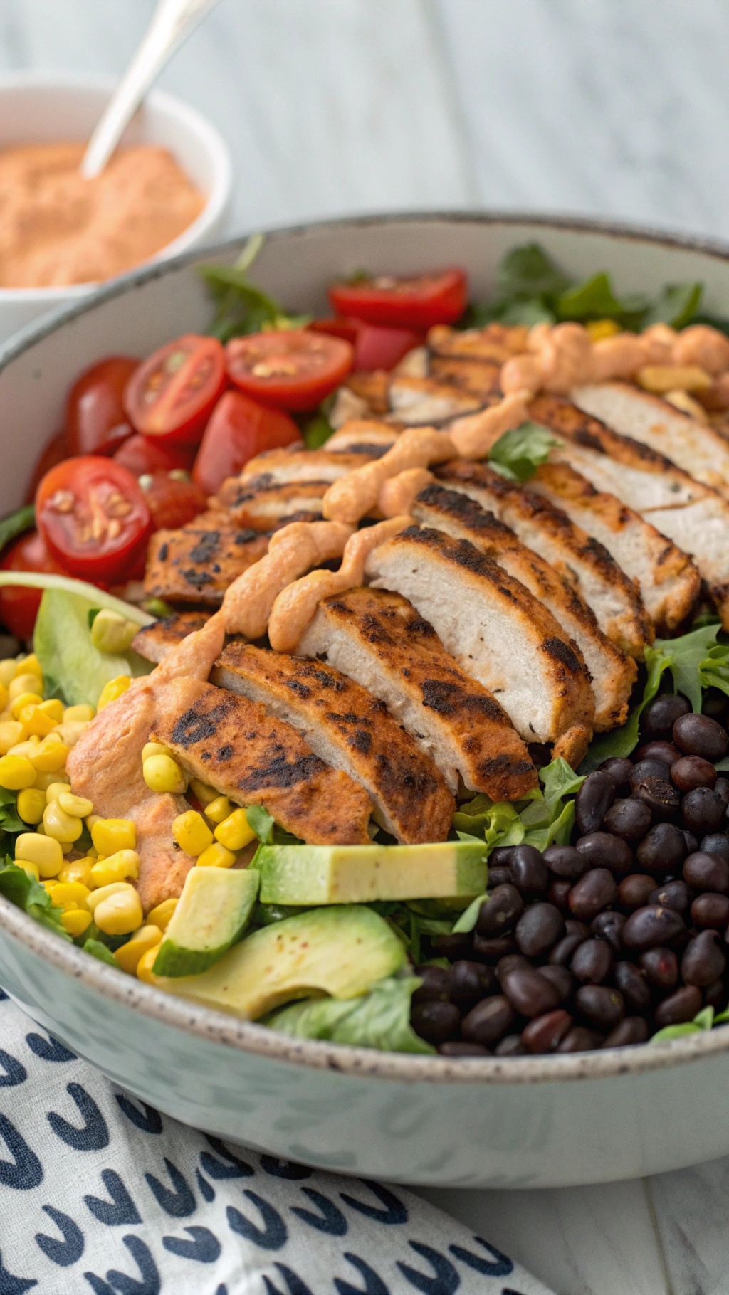 A colorful Southwest Chicken Taco Salad with grilled chicken, cherry tomatoes, corn, black beans, avocado, and chipotle dressing.