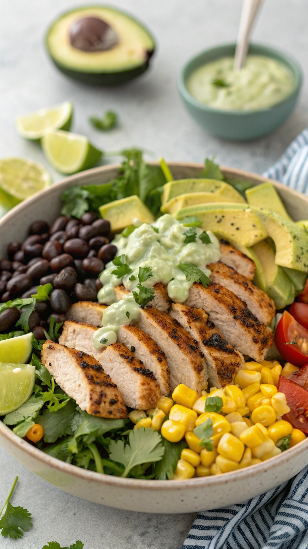 A colorful Southwest Chicken Taco Salad with grilled chicken, black beans, corn, avocado, and cilantro lime dressing.