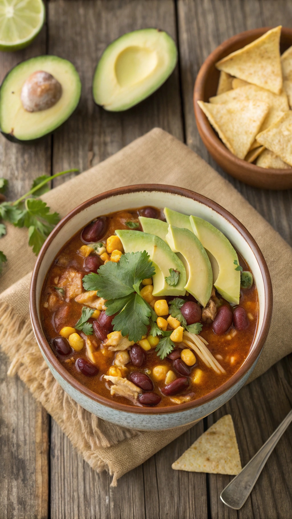 A bowl of Southwestern Chicken Chili topped with avocado slices and cilantro, served with tortilla chips.