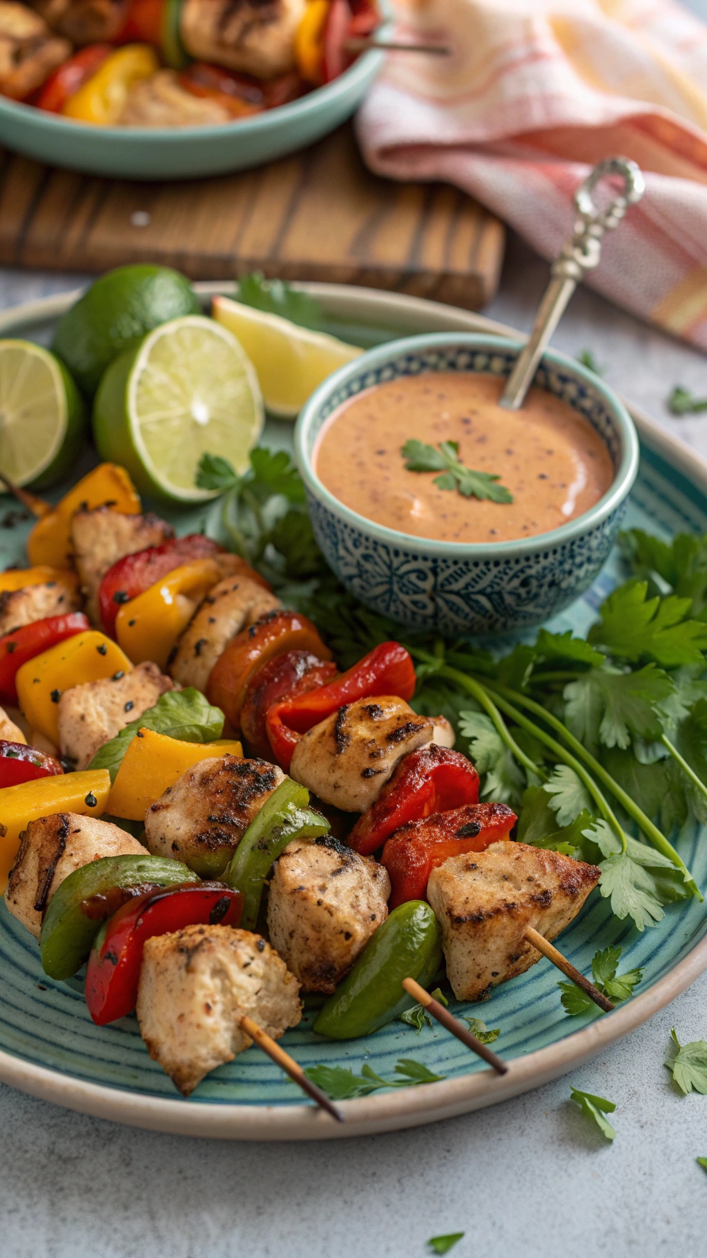 Grilled chicken skewers with colorful bell peppers and a dipping sauce