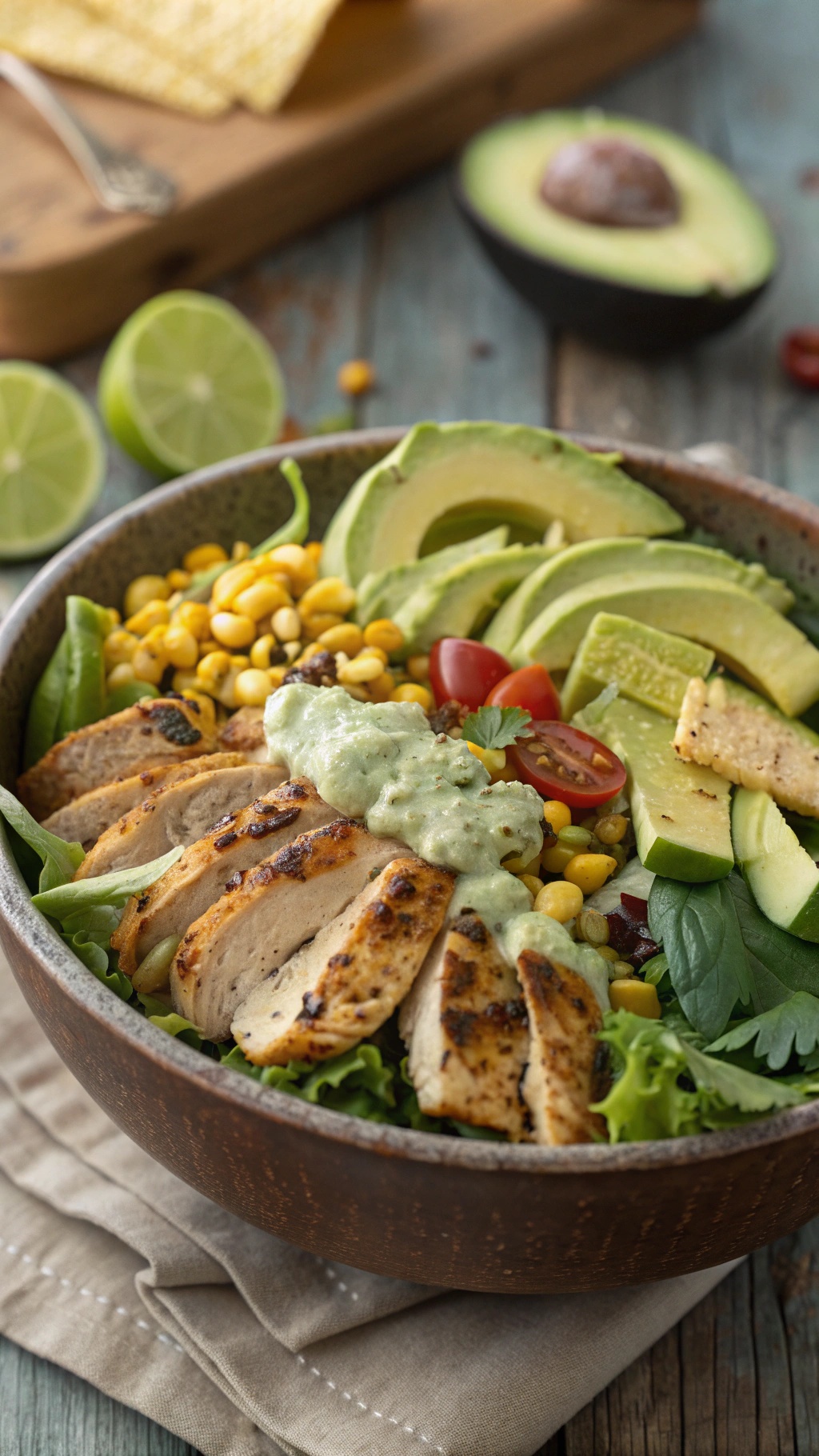 A colorful Southwestern Chicken Taco Salad with grilled chicken, corn, avocado, and fresh vegetables.