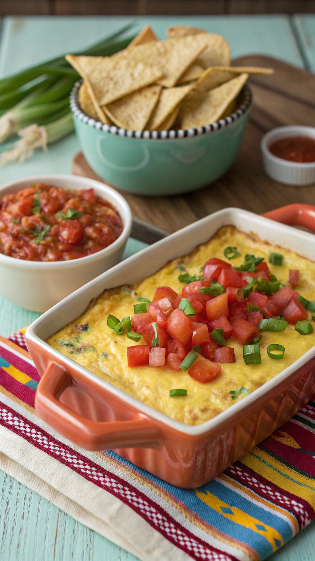 A delicious Southwestern Egg and Cheese Casserole topped with diced tomatoes and green onions, served with tortilla chips and salsa.