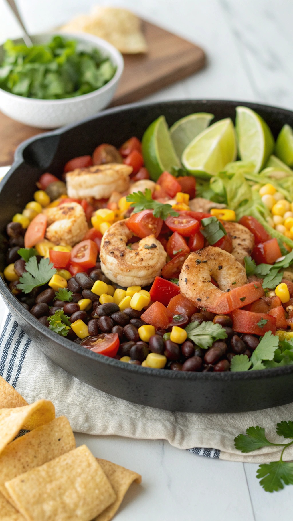 A colorful Southwestern Shrimp Taco Salad Skillet with shrimp, black beans, corn, tomatoes, and lime wedges.