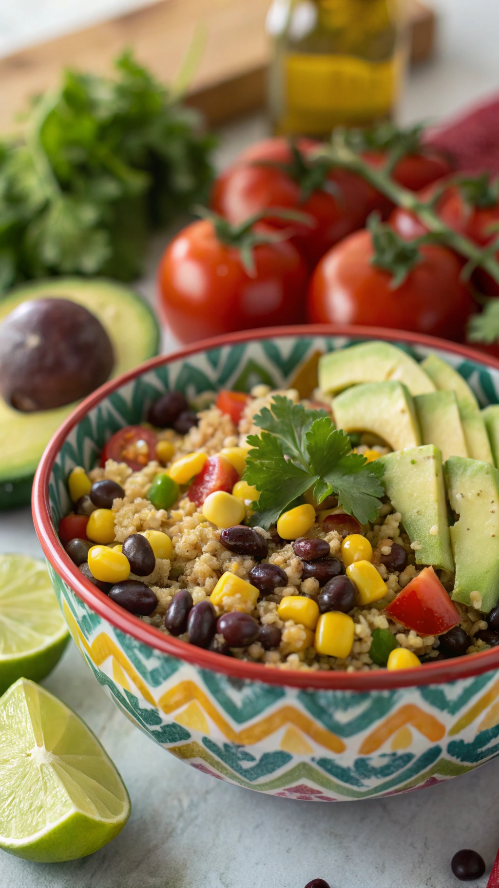 A colorful Southwestern Taco Salad with black beans, corn, tomatoes, and avocado in a decorative bowl.