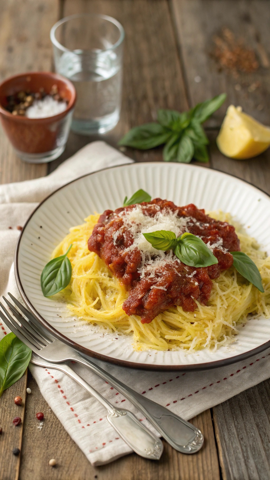 A plate of spaghetti squash topped with marinara sauce and garnished with fresh basil.