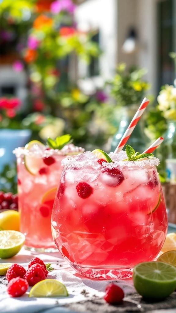 Two glasses of sparkling raspberry limeade punch with fresh raspberries and lime slices