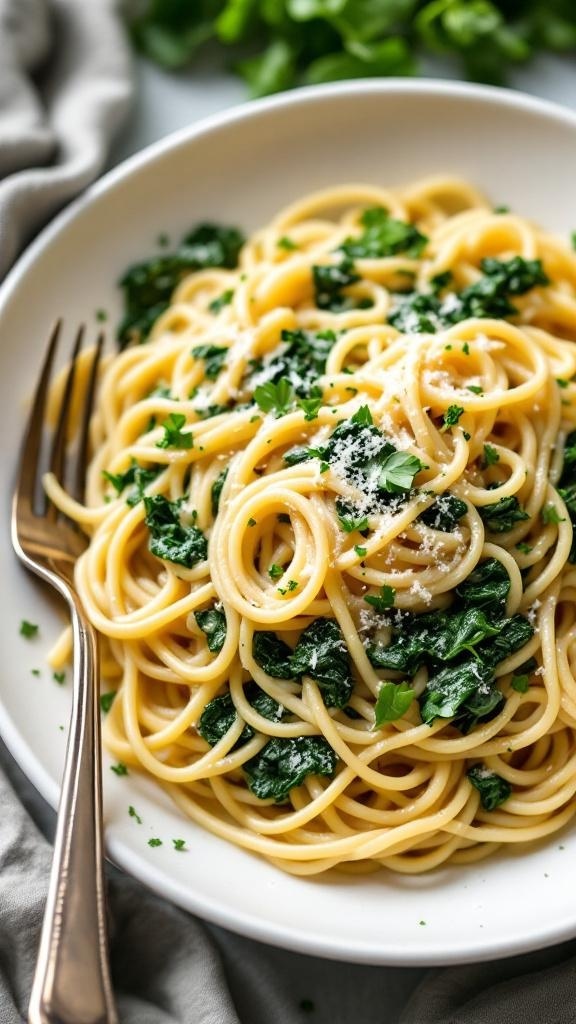 A bowl of creamy garlic pasta with spinach, garnished with parsley and Parmesan cheese.