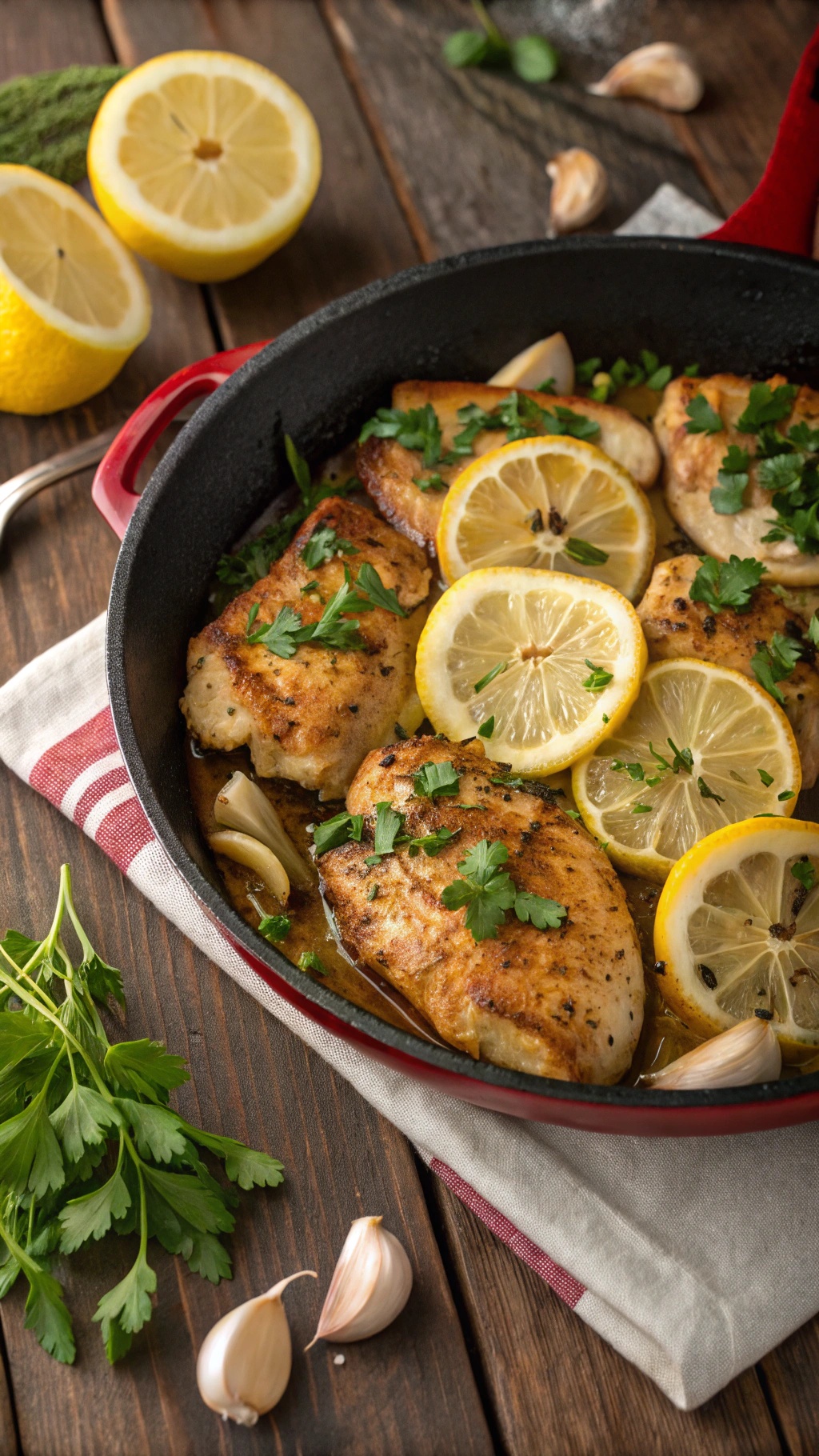 A skillet with lemon garlic chicken, garnished with parsley and lemon slices.
