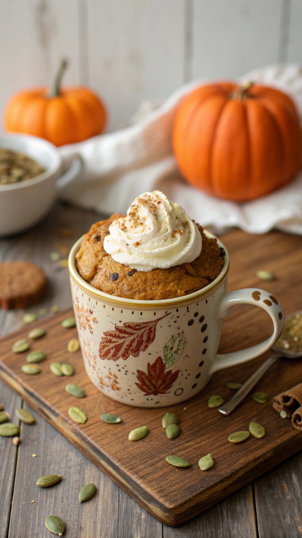 A pumpkin spice mug cake topped with whipped cream and cinnamon, surrounded by pumpkin seeds and small pumpkins.
