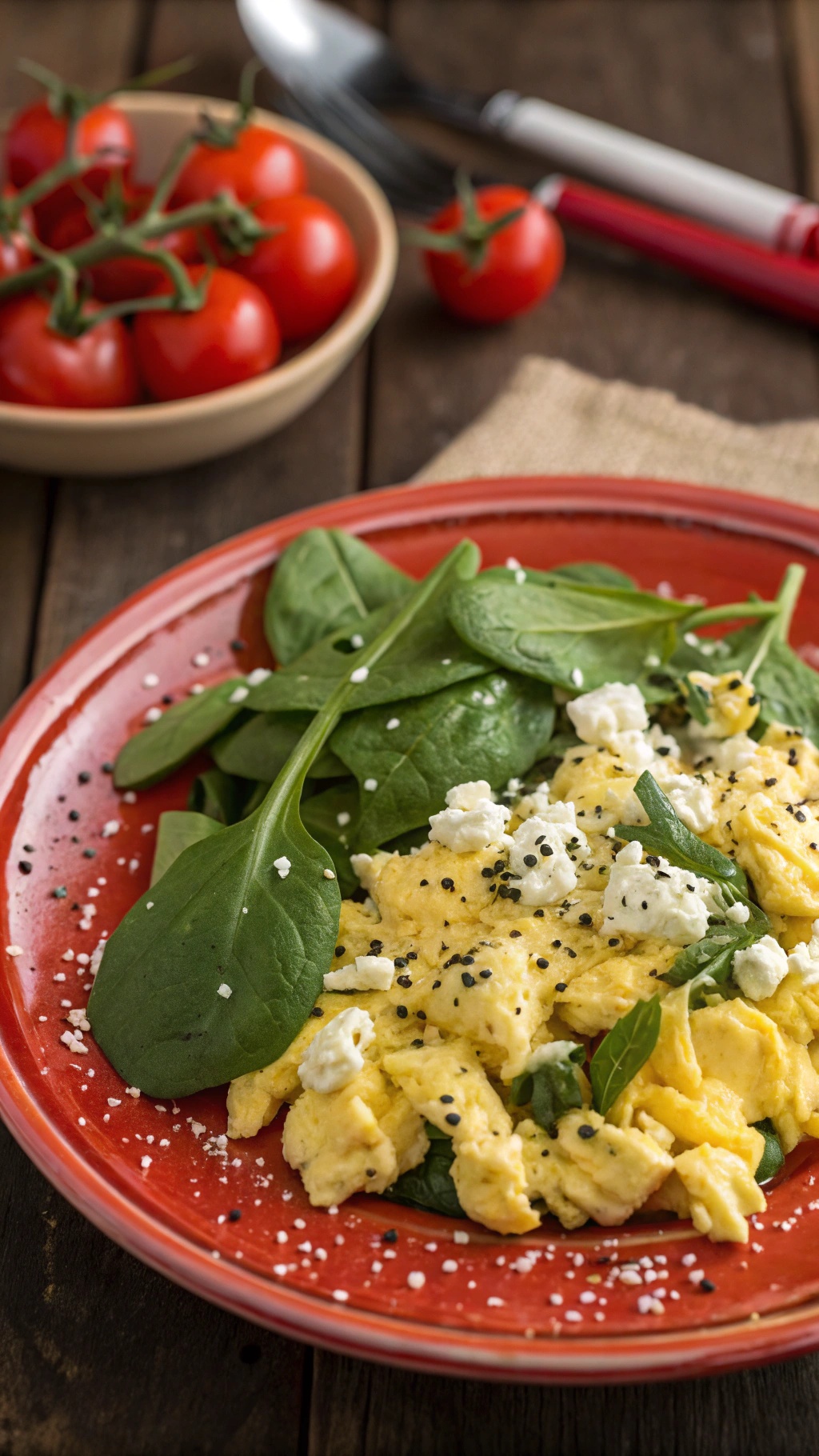 A plate of scrambled eggs with spinach and feta, garnished with black sesame seeds, served with cherry tomatoes.