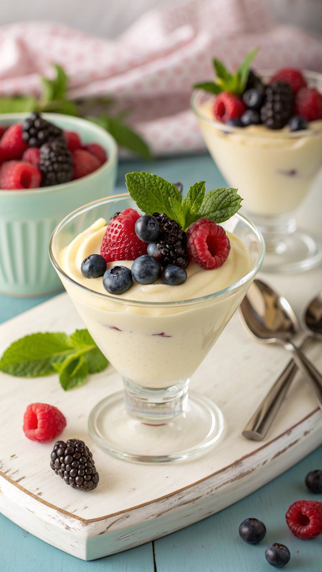 A delicious vanilla pudding topped with fresh berries and mint leaves in a glass cup.