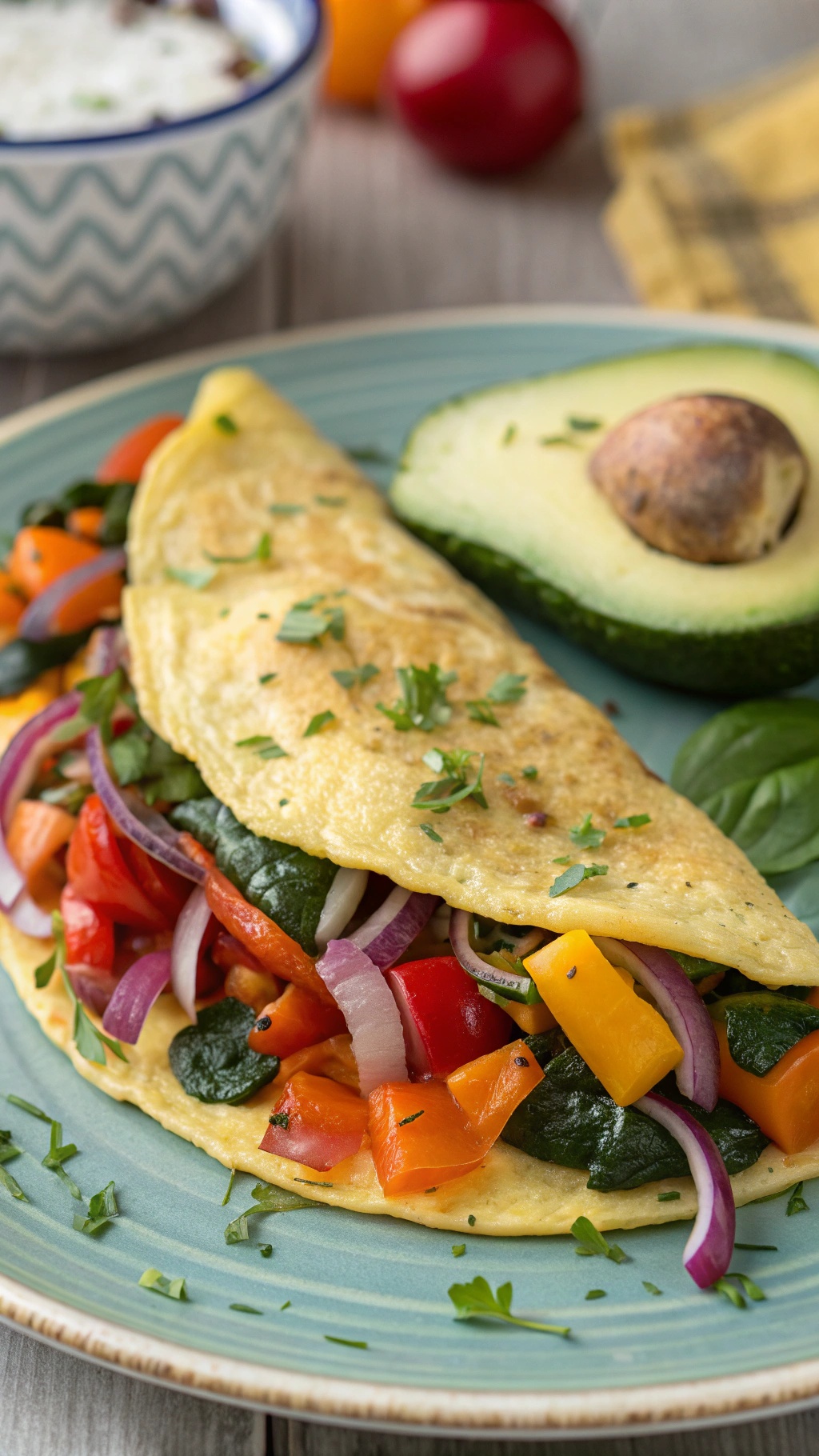 A colorful veggie omelette filled with peppers, onions, and spinach, served with avocado slices.