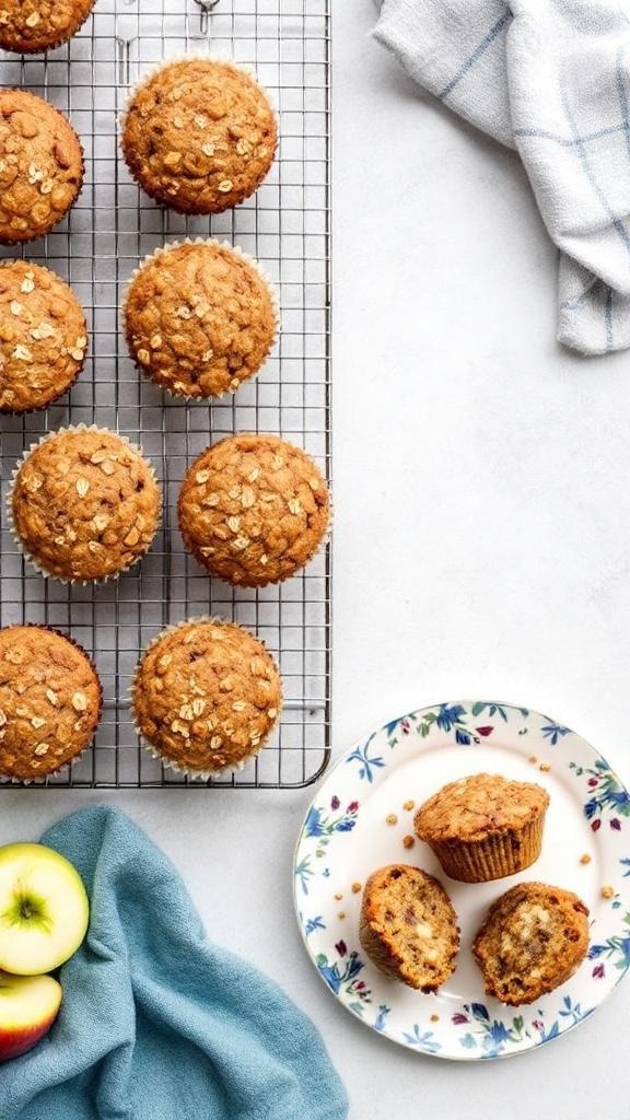 Freshly baked spiced apple and oat muffins cooling on a wire rack with a plate of muffins and green apples.