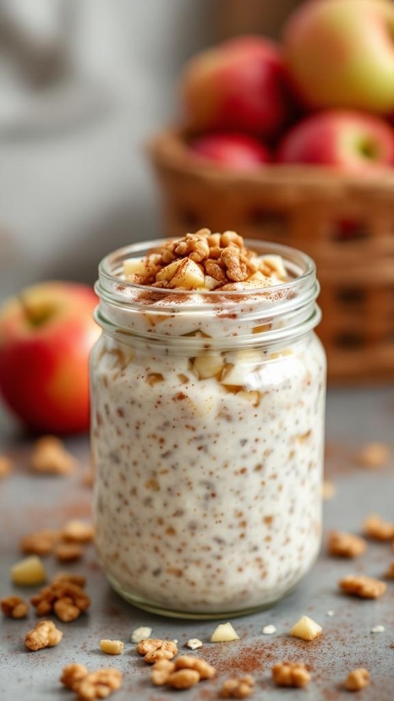 A jar of spiced apple cinnamon overnight oats topped with granola and apple pieces, with a basket of apples in the background.