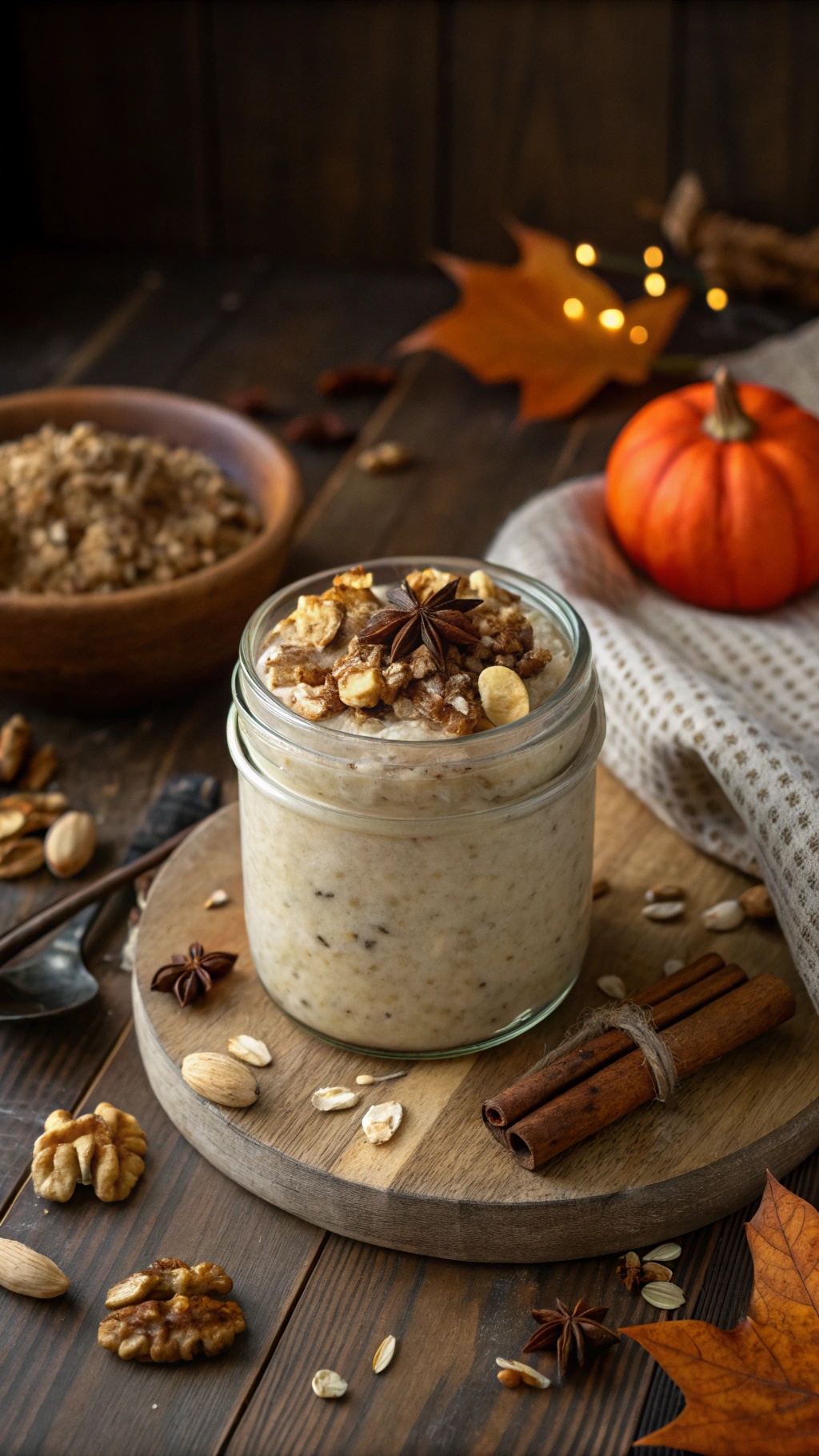 A jar of spiced banana nut overnight oats topped with nuts and spices, set against a rustic wooden background.