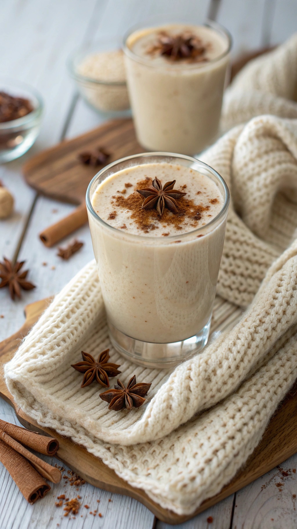 A spiced chai smoothie in a glass, topped with star anise and cinnamon, served with a cozy knitted blanket.