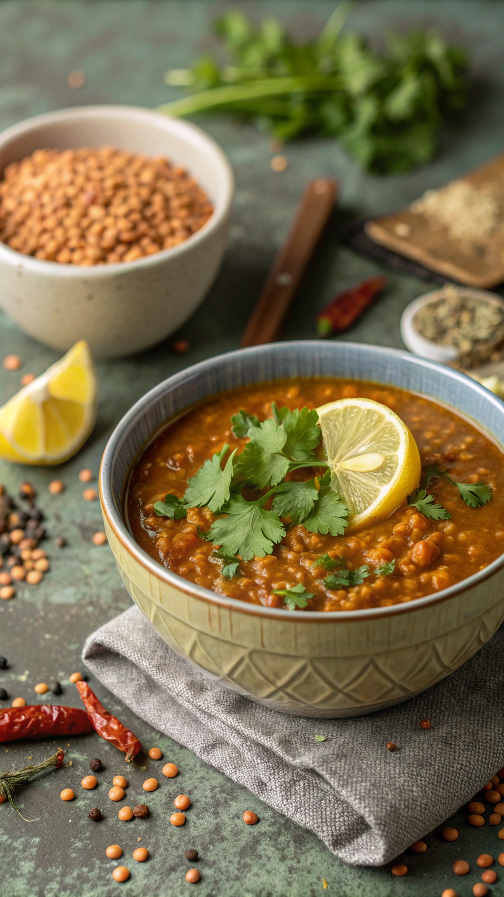 A bowl of spiced lentil soup garnished with lemon and cilantro, with lentils and spices in the background.