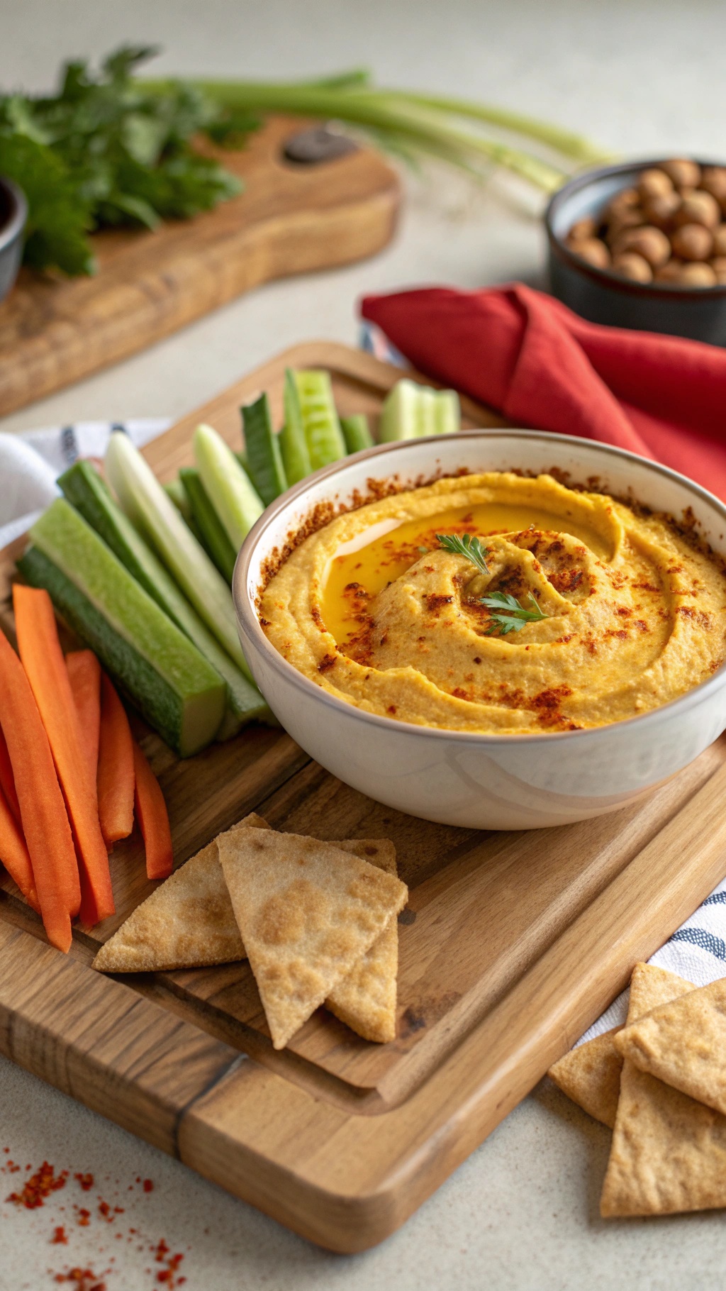 A bowl of spiced pumpkin hummus surrounded by fresh vegetable sticks and pita chips.