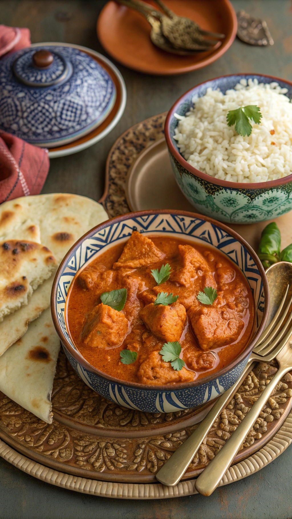 A bowl of Chicken Tikka Masala served with rice and naan, garnished with cilantro.