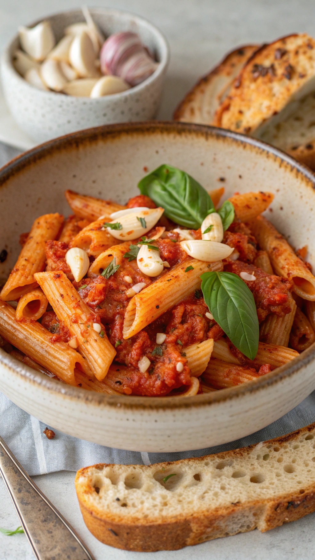 A bowl of spicy arrabbiata penne pasta garnished with garlic and basil, served with a slice of crusty bread.