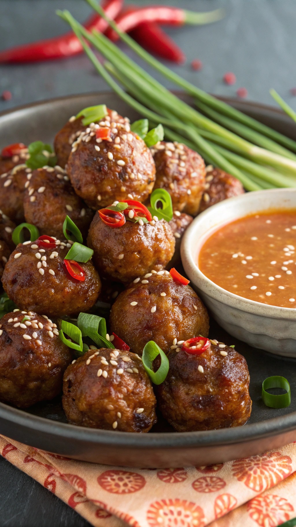 A plate of spicy Asian-inspired meatballs garnished with green onions and sesame seeds, served with a bowl of dipping sauce.