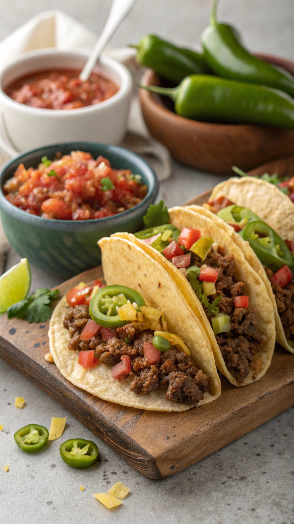 Spicy beef tacos with jalapeño relish on a wooden board, garnished with fresh toppings and lime wedges.