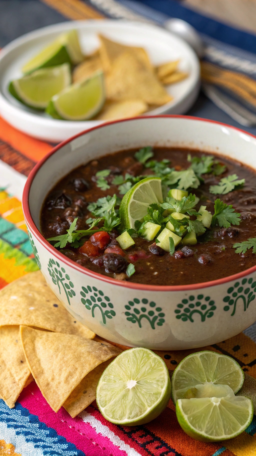 A bowl of spicy black bean soup garnished with lime and cilantro, served with tortilla chips.