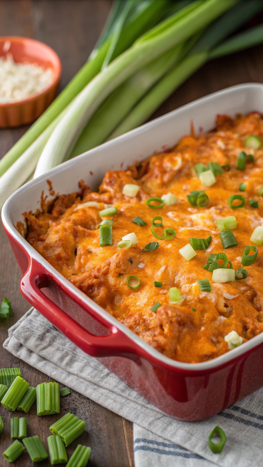 A delicious spicy buffalo chicken casserole topped with melted cheese and green onions.