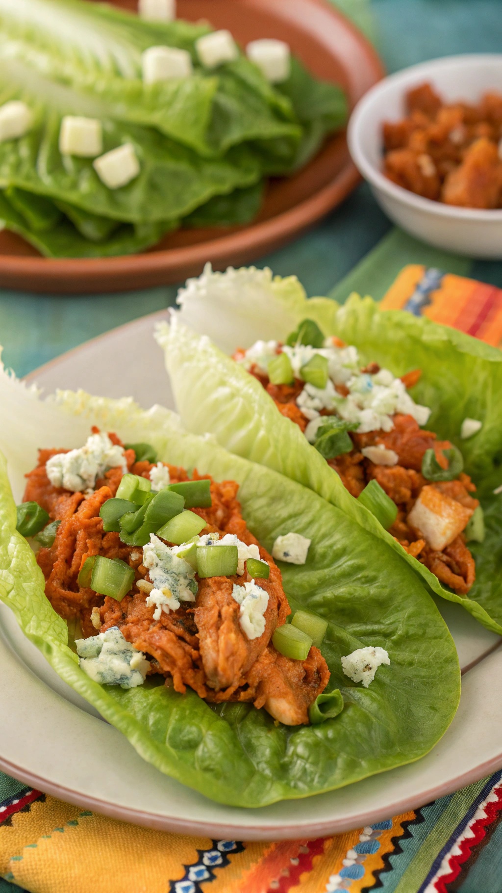 Spicy Buffalo Chicken Lettuce Wraps with blue cheese and green onions