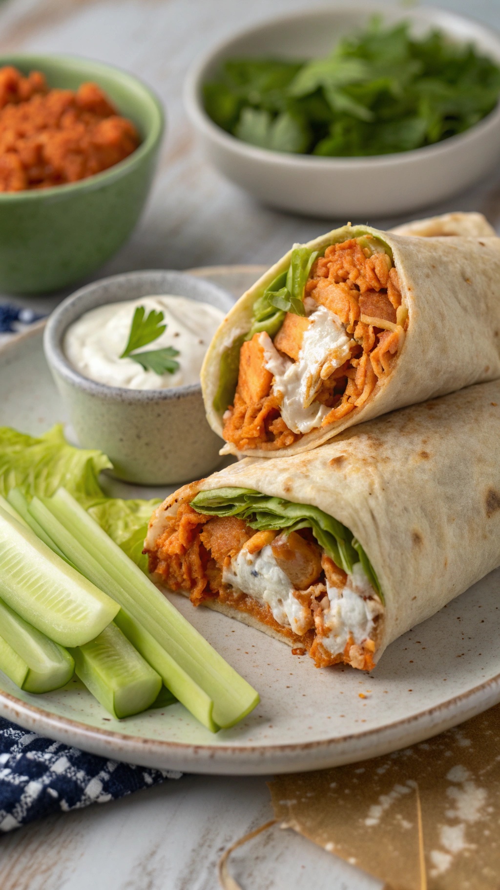 Spicy buffalo chicken wraps with celery sticks and ranch dressing