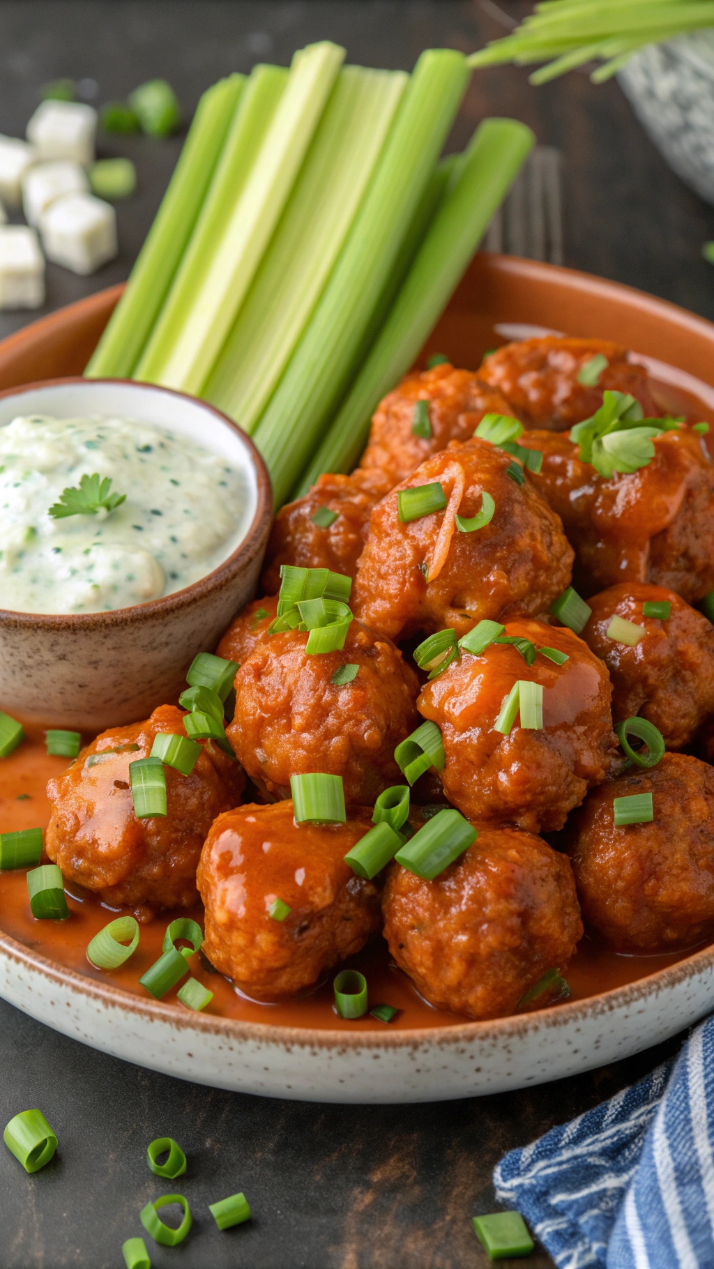 Plate of spicy Buffalo meatballs garnished with green onions and served with celery sticks and ranch dip.