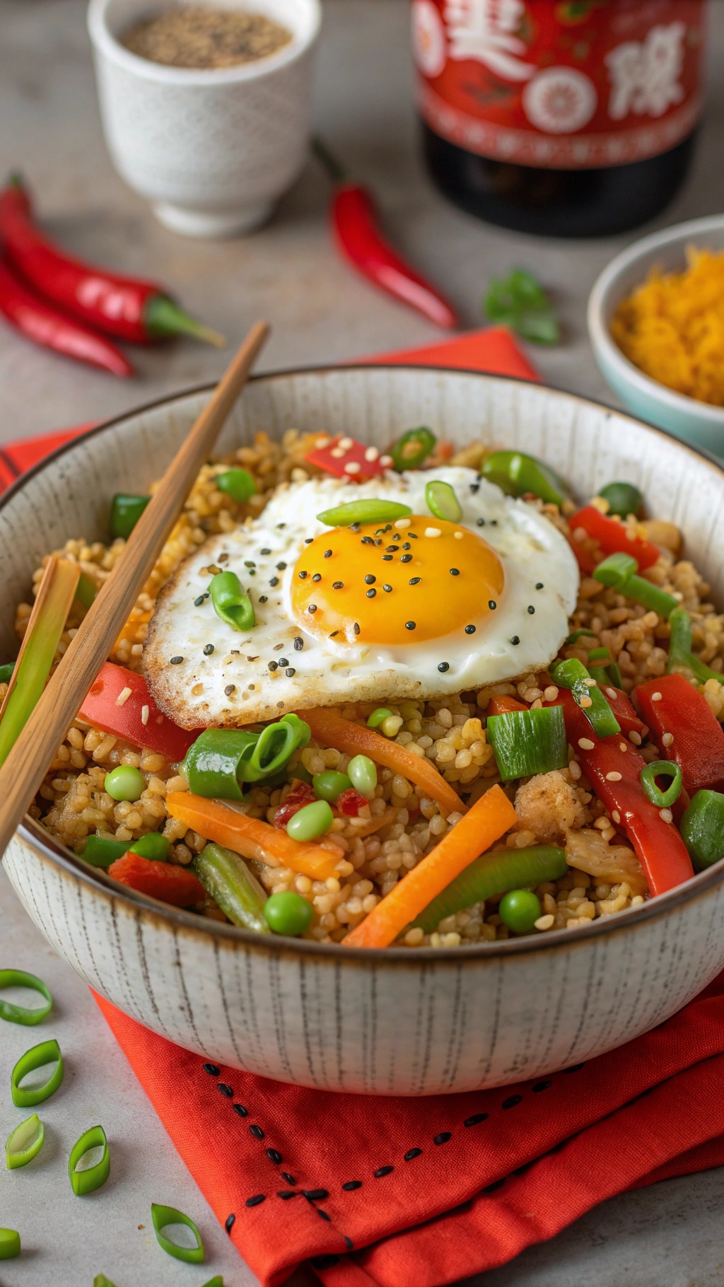 A bowl of spicy cauliflower rice stir-fry topped with a fried egg and colorful vegetables.