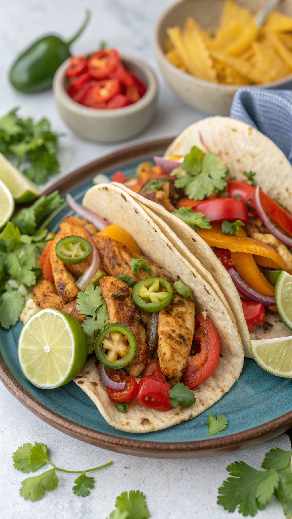 Spicy chicken fajita tacos with fresh toppings and lime