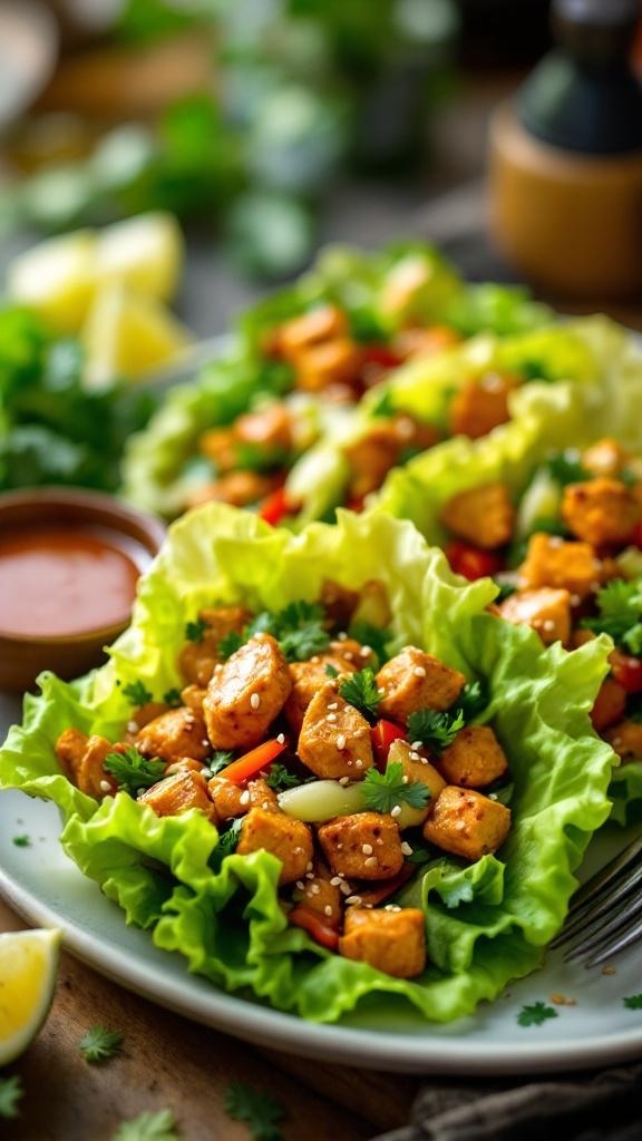 Spicy chicken lettuce wraps with sesame seeds and fresh herbs on a plate